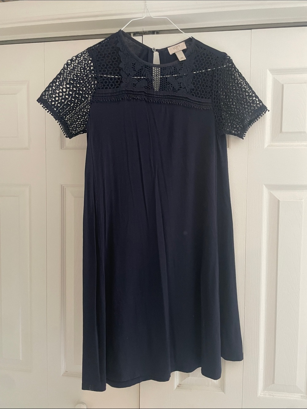 LOFT Navy Crochet Short Sleeve Cotton Dress